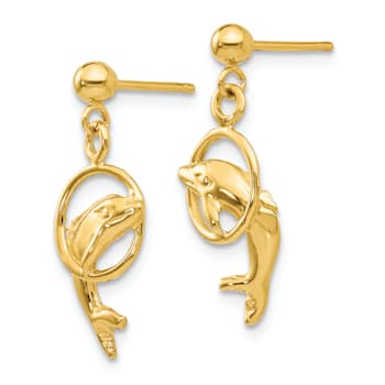 14k Yellow Gold Dolphin Dangle Earrings