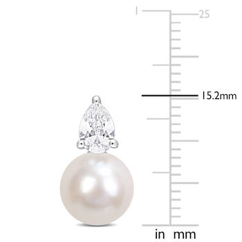 Freshwater Pearl And Created White Sapphire Stud Earrings In Sterling Silver