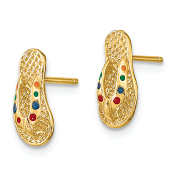 14k Yellow Gold Textured with Multi-Color Enamel 3D Flip-Flop Stud Earrings