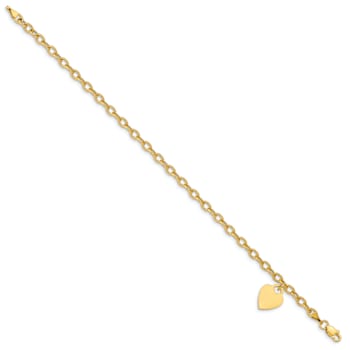10k Yellow Gold Cable Link Anklet with Dangle Heart Charm