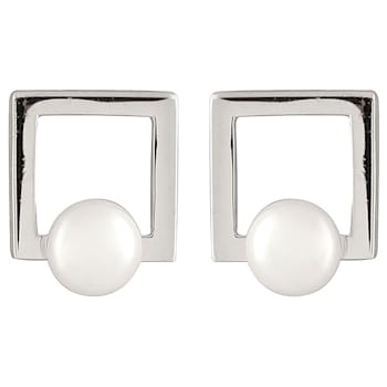White Cultured Freshwater Pearl Rhodium Over Silver Geometric Earring