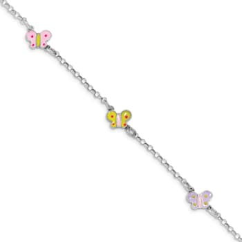 Rhodium Over Sterling Silver Multi-color Enamel Butterflies Kid's Bracelet