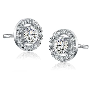 CZ Halo Stud Earrings In White Rhodium Over Brass