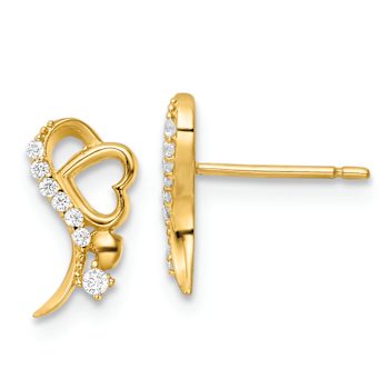 14k Yellow Gold Polished Cubic Zirconia and Heart Stud Earrings