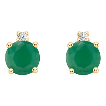 4mm Round Emerald with Diamond Accents 14k Yellow Gold Stud Earrings