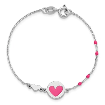 Sterling Silver Polished Pink Enamel Heart Children's 6in Bracelet