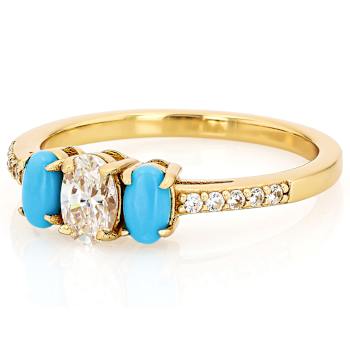 Diamond Simulant, Turquoise, 3-Stone Ring In 18K Gold Over Sterling
Silver 0.81ctw