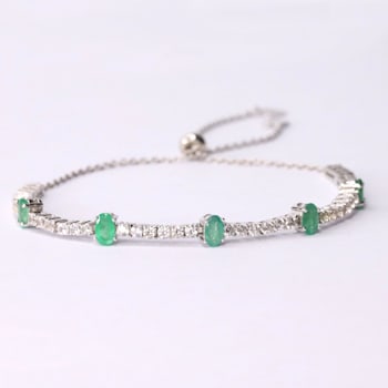 Oval Green Emerald and White Zircon Sterling Silver Bolo Tennis Bracelet