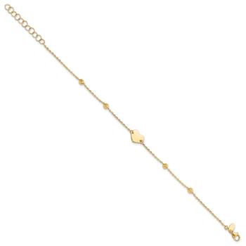 14K Yellow Gold Polished and Diamond-cut Heart and Beads Plus 1 Inch
Extension Bracelet