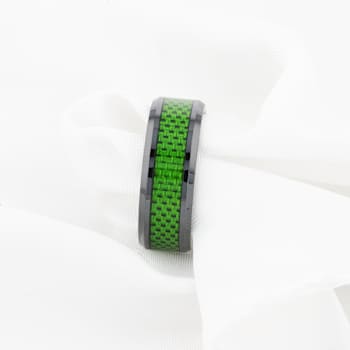 MATLAL Beveled Black Ceramic Ring with Emerald Green Carbon Fiber Inlay 8mm