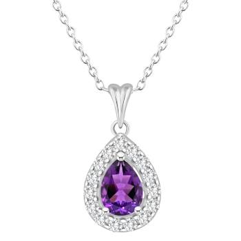 8x5mm Pear Shape Amethyst and White Topaz Accent Rhodium Over Sterling
Silver Halo Pendant w/Chain