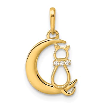 14K Yellow Gold Childrens Cubic Zirconia Cat and Moon Pendant