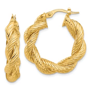 14K Yellow Gold 1" Polished and Textured Twisted Hoop Earrings