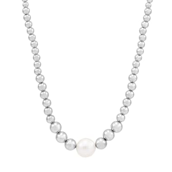 13-14mm Round White Freshwater Pearl Sterling Silver Graduated Beaded Necklace
