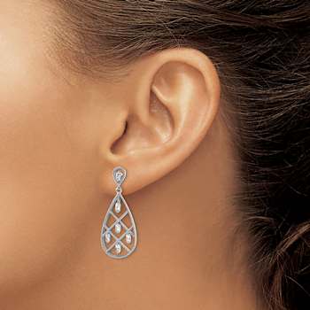 Rhodium Over Sterling Silver Textured Cubic Zirconia Teardrop Dangle Earrings