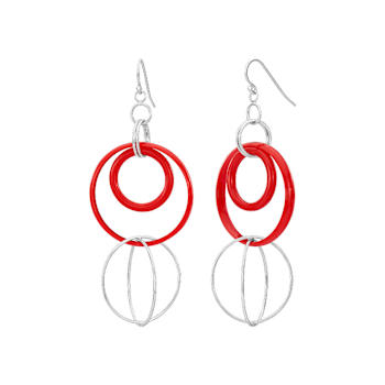 Rhodium Over Sterling Silver Acrylic Axis Drop Earrings in Red
