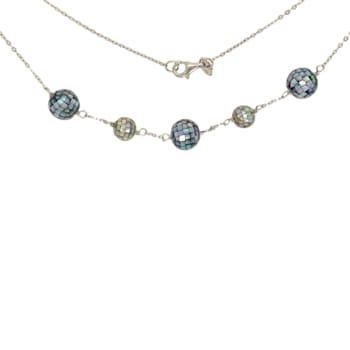 Round Blue and White Mother-Of-Pearl Beaded Sterling Silver Station Necklace