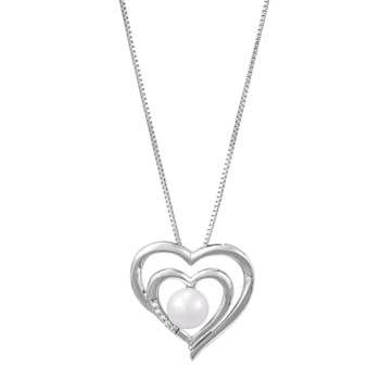 White Freshwater Pearl and Lab Created White Sapphire Sterling Silver
Pendant with Chain