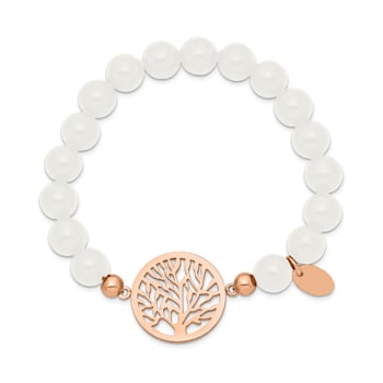 Rose Stainless Steel Polished plated Tree White Jade Stretch Bracelet