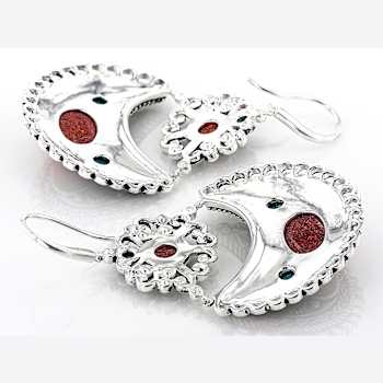 Red Sponge Coral And Turquoise Dangle Earrings In Rhodium Over Brass