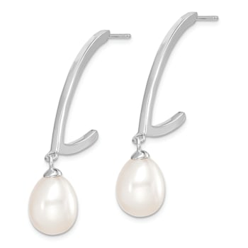 Rhodium Over Sterling Silver 8-9mm White Rice Freshwater Cultured Pearl Earrings