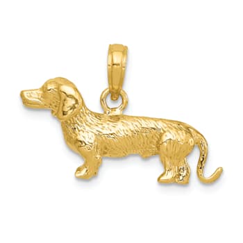 14k Yellow Gold Solid Polished and Textured 3D Wire Haired Dachshund Pendant