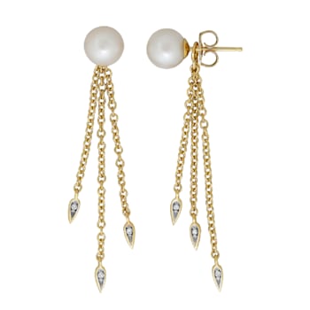 7-7.5mm Round White Freshwater Pearl with Diamond Accents 14K Yellow
Gold Dangle Earrings