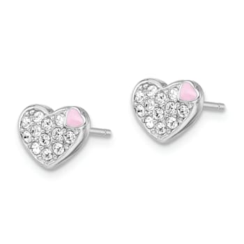Rhodium Over Sterling Silver Enamel and Crystal Heart Post Earrings