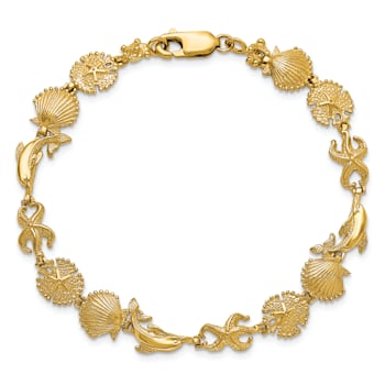 14k Yellow Gold Textured Dolphin and Sea Shell Links Bracelet