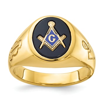 10K Yellow Gold Men's Grooved Onyx Blue Lodge Master Masonic Ring