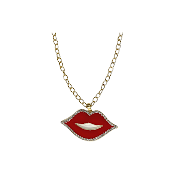 Red Lip with Crystal Pendant Necklace