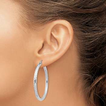 Rhodium Over Sterling Silver 3.00mm Diamond-cut Hoop Earrings