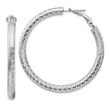 Rhodium Over 14k White Gold 1 13/16" Diamond-Cut Round Hoop Earrings
