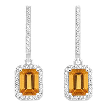 7x5mm Emerald Cut Citrine 1/3 ctw Diamond Rhodium Over Sterling Silver
Halo Dangle Earrings