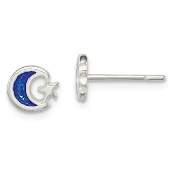 Sterling Silver Polished Blue Enamel Moon and Star Children's Post Earrings