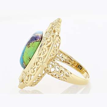 Multi-Color Blended Turquoise and Filigree Ring In 18K Gold Over
Sterling Silver 14x11mm