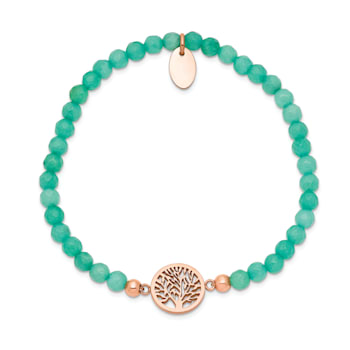 Rose Stainless Steel Polished Tree of Life Mint Jade Stretch Bracelet