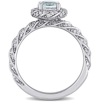 Aquamarine and Diamond 14K White Gold Halo Ring 0.84ctw