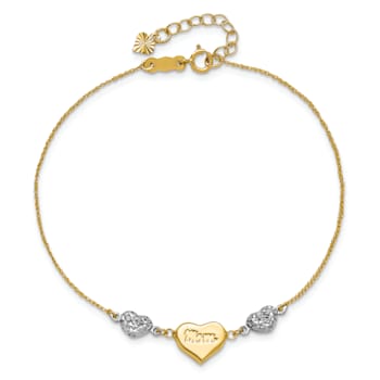 14k Two-tone Gold Puffed Mom Heart and Diamond-Cut Hearts Bracelet