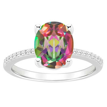 10x8mm Oval Mystic Topaz and 1/10 ctw Diamond Rhodium Over Sterling
Silver Ring