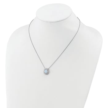 Rhodium Over Sterling Silver Lab Created Opal and Cubic Zirconia Oval
Halo Necklace
