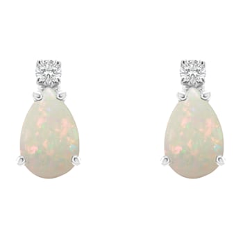 6x4mm Pear Shape Opal with Diamond Accents 14k White Gold Stud Earrings