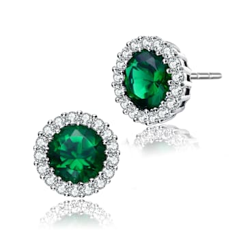 Emerald Color CZ Halo Stud Earrings In Sterling Silver