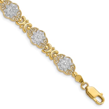 14k Yellow Gold and Rhodium Over 14k Yellow Gold Textured Flower Link Bracelet