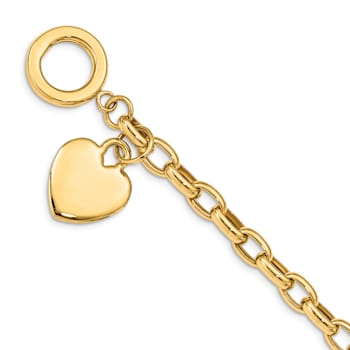 10k Yellow Gold Cable Link Heart Charm Bracelet