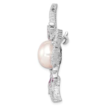 Rhodium Over Sterling Silver 10-11mm White Freshwater Pearl Cubic
Zirconia Pink Corundum Pin