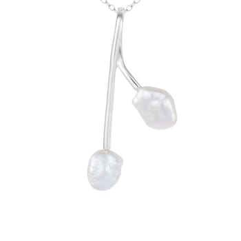 Dangling Keshi Freshwater Double Pearl Pendant in Rhodium Over Sterling
Silver, 18" Chain Included