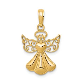 14k Yellow Gold Polished and Textured Guardian Angel with Heart Pendant