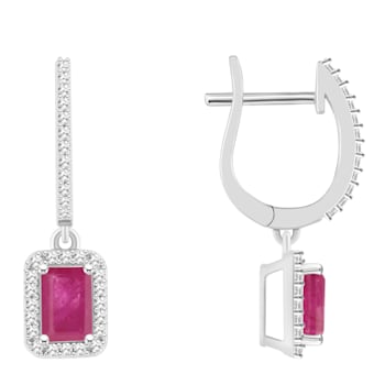6x4mm Emerald Cut Ruby 1/3 ctw Diamond Rhodium Over Sterling Silver Halo
Dangle Earrings