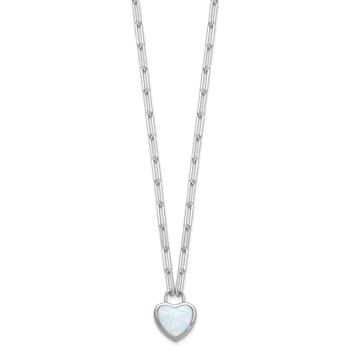 Rhodium Over Sterling Silver Lab Created Opal Heart Paperclip Link Necklace